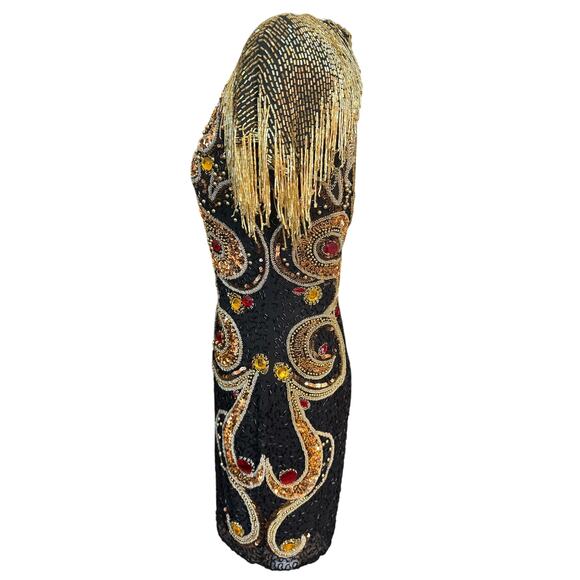 Vintage Ornate Fringe Beaded Cocktail Black Gold Embellished Party Dress Size 4 - Picture 4 of 16